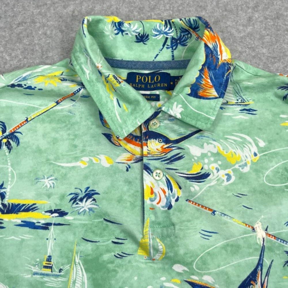 Polo Ralph Lauren Shirt Mens Medium Green Marlin Tropical‎ Fishing Short Sleeve - Picture 7 of 12